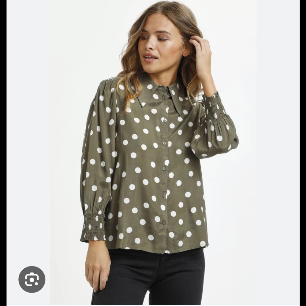 Kaffe  Olive Polka Dot Blouse Size 36 Small -Medium
